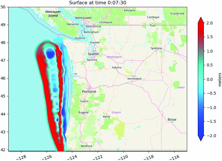 <strong>Figure 1.</strong> Tsunami simulation of a synthetic earthquake rupture off the coast of the Pacific Northwest in North America [1]. Image courtesy of Randall LeVeque and map © <a href="https://www.openstreetmap.org/copyright" rel="noopener noreferrer" target="_blank">OpenStreetMap contributors</a>.