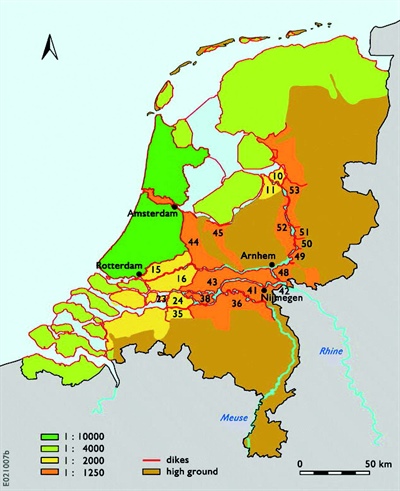 &lt;strong&gt;Figure 1.&lt;/strong&gt; Dike-ring areas in the Netherlands, color-coded according to flood protection standards. From Klijn, van Buuren, and van Rooij (2004) / Rijkswaterstaat [7].