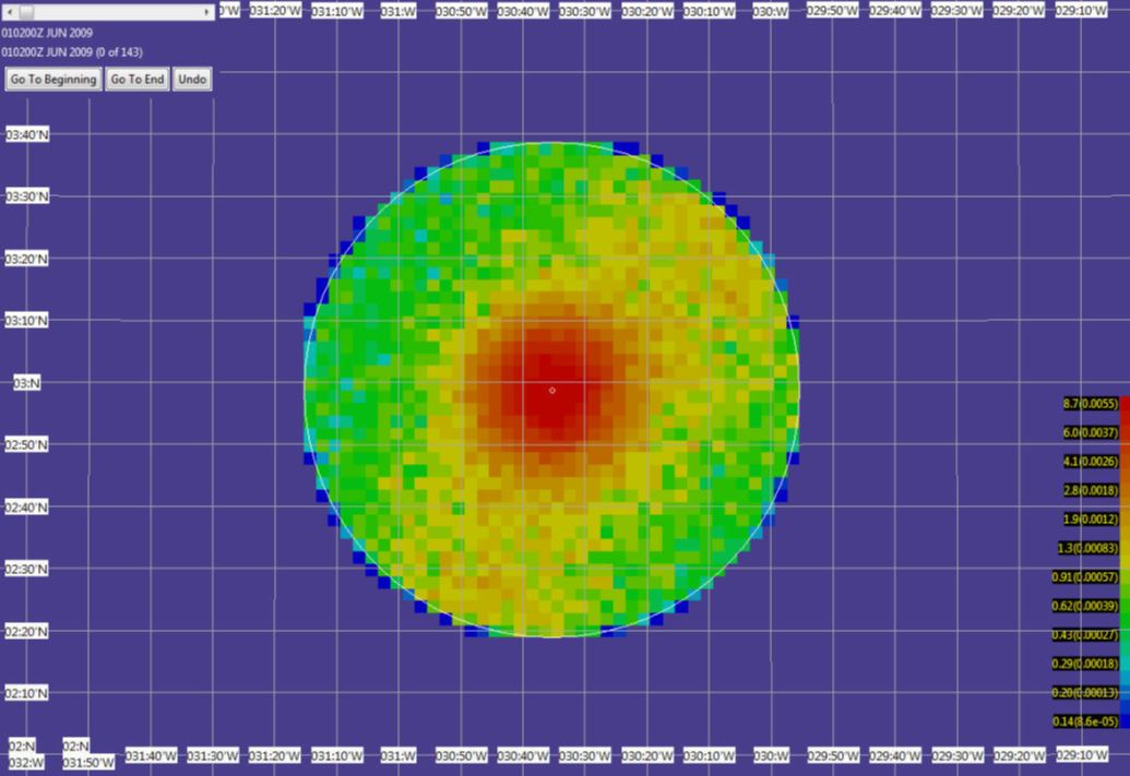 <strong>Figure 1.</strong> Prior distribution for the Air France Flight 447 search. Red represents high probability, while blue represents low probability. Image courtesy of [7].
