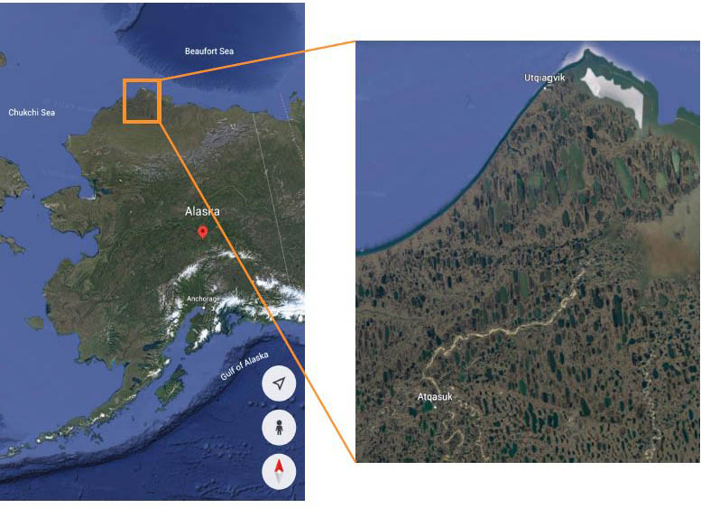 <strong>Figure 1.</strong> Arctic lakes on the North Slope (right) in northern Alaska (left). Images courtesy of Google Earth.