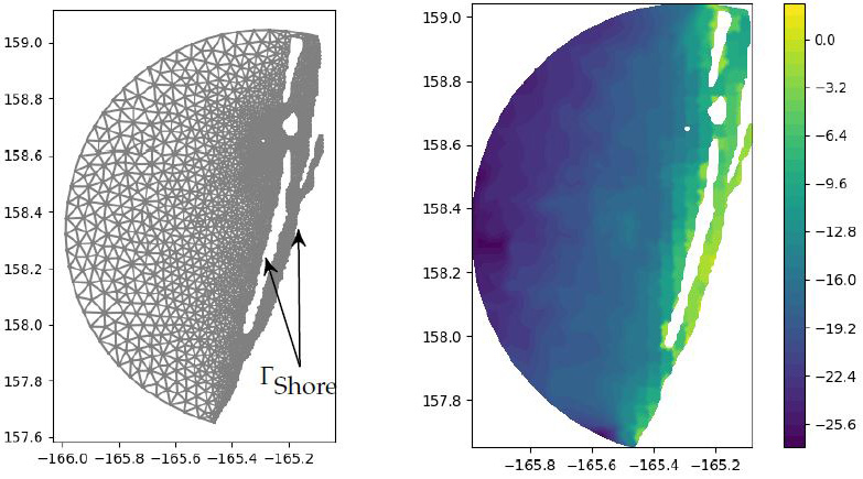 <strong>Figure 2.</strong> Mesh representation and sediment height of the Langue de Barbarie. Figure courtesy of [6].