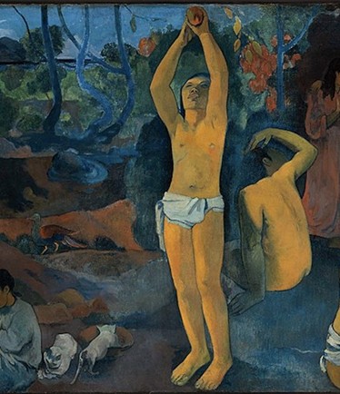 <strong>Figure 2.</strong> A section of Paul Gauguin’s “Where Do We Come From? What Are We? Where Are We Going?” depicting three stages of life, with a central Eve-like figure picking fruit from a tree. Figure courtesy of <a href="https://commons.wikimedia.org/wiki/File:Gauguin_-_Where_Do_We_Come_From%3F_What_Are_We%3F_Where_Are_We_Going%3F_(1897-98).jpg" target="_blank"> Surajr7/Wikimedia Commons</a>. Public domain image.  
