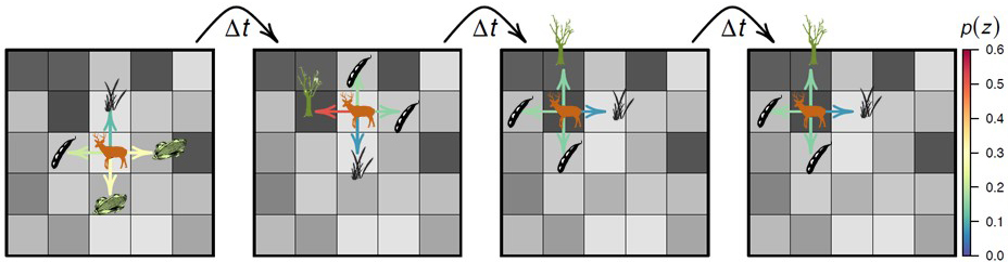 <strong>Figure 1.</strong> An example of an individual deer’s movement into different cells based on the habitat types (i.e., forest, soy bean or corn fields, or wetland) within each cell. Arrow color represents the probability of moving into each cell (scale for probabilities depicted at left). This is the basis of the ecological diffusion model.