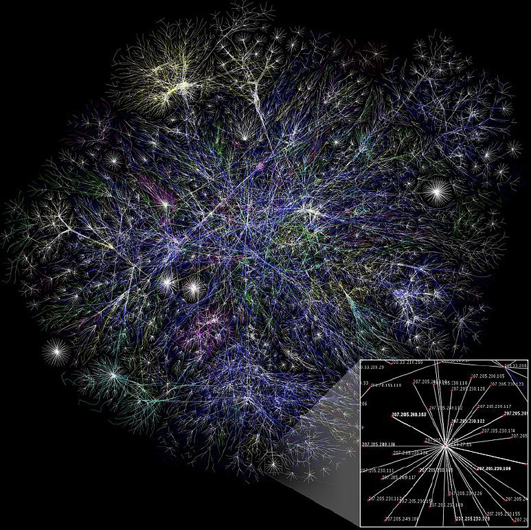 Modern technology makes communication through emails, phone calls, social media, etc. both convenient and prominent. Such communication contributes to the dissemination of information about human behaviors over complex networks, such as the internet (pictured here). Image courtesy of Wikimedia Commons.