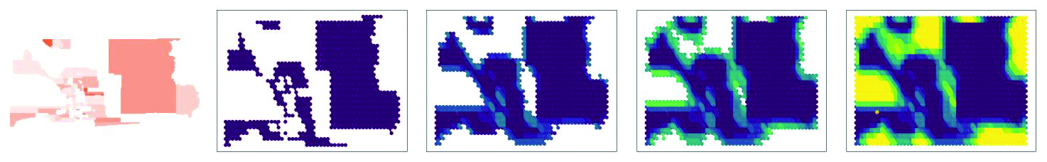 <strong>Figure 2.</strong> Construction of a filtered simplicial complex using a level-set approach on California’s Imperial County. The initial simplicial complex consists of a triangulation of a map of all red precincts. We then evolve this surface outward and color the simplices based on the order in which they enter the filtered simplicial complex. Figure courtesy of [1].