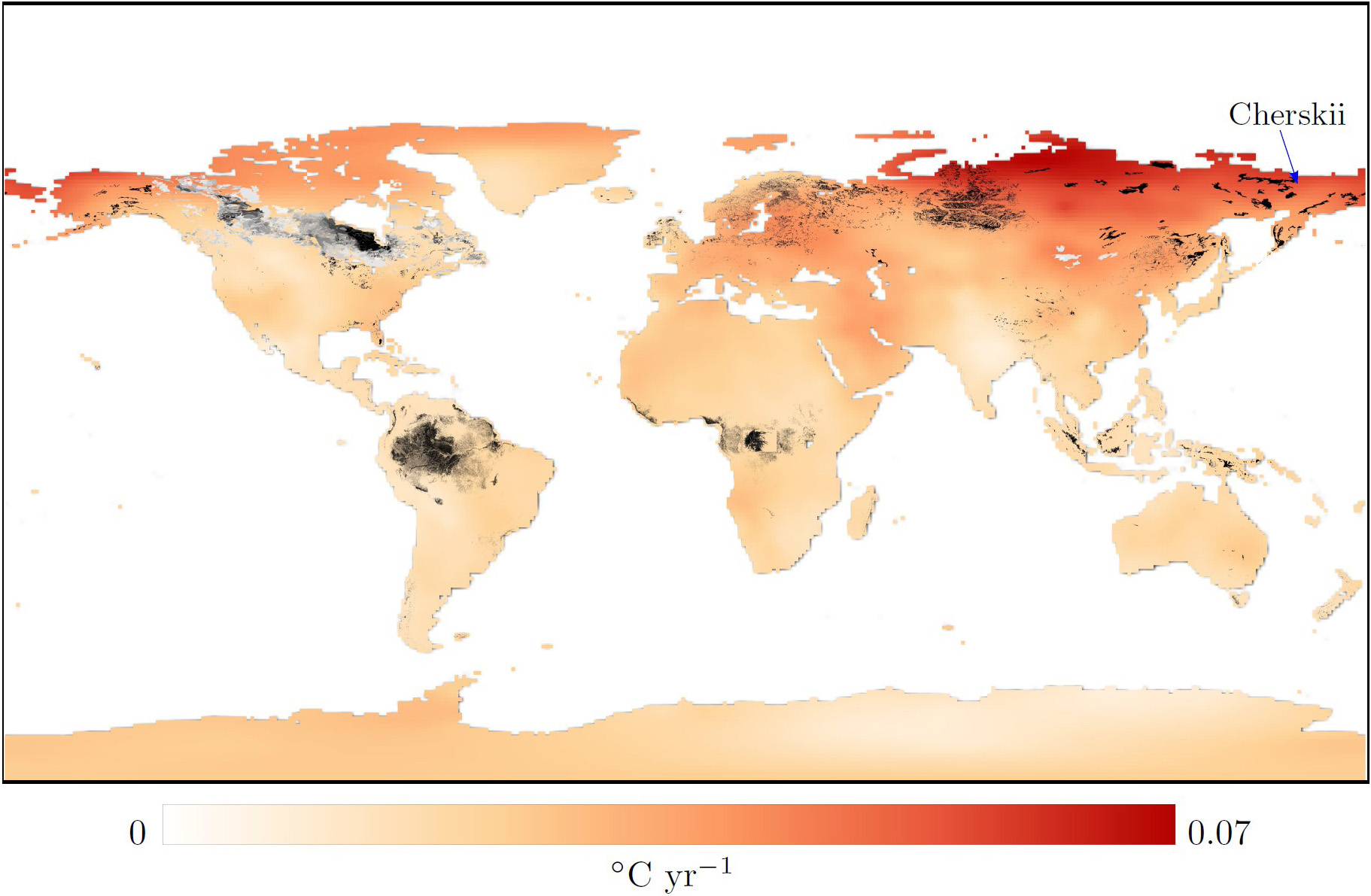 <strong>Figure 1.</strong> Historical global rates of warming from the period of 1951-1980 to the period of 2017-2021, based on observations from <a href="http://berkeleyearth.org/data/" rel="noopener noreferrer" target="_blank">Berkeley Earth</a>. Black and gray areas signify the global distribution of carbon-rich peat soils from PEATMAP [12]. The largest warming rates occur at higher latitudes in areas with a significant concentration of peat soils, such as Cherskii in northern Siberia. Figure courtesy of [7].
