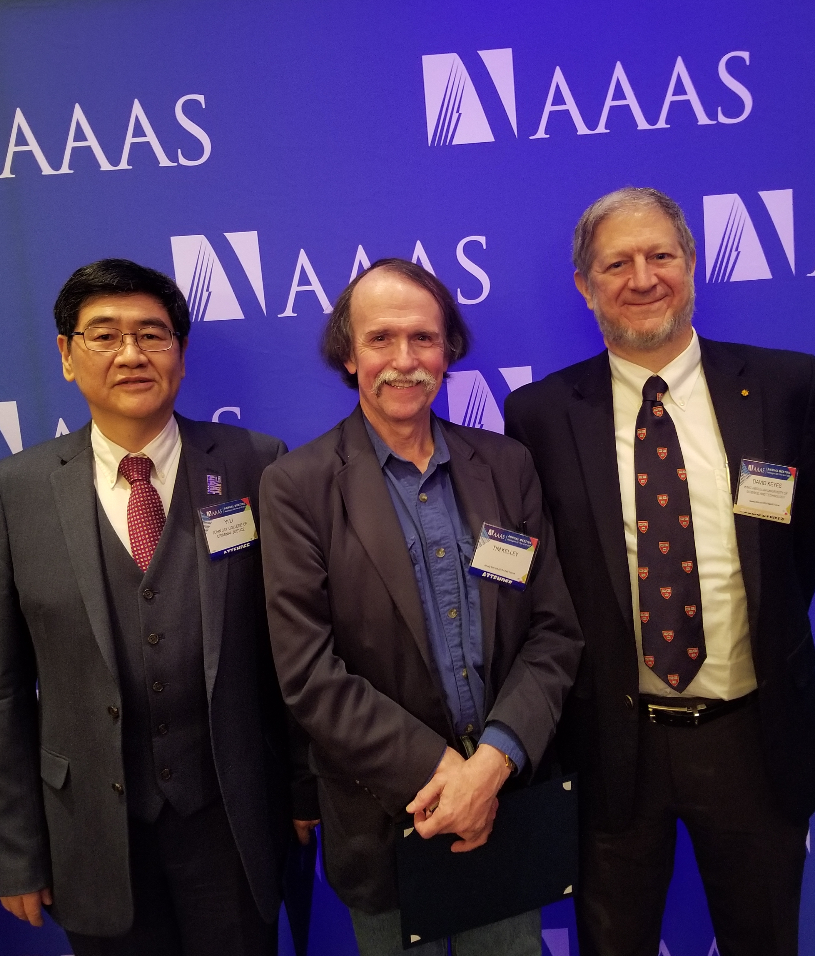 The 2018 American Association for the Advancement of Science (AAAS) Fellows for the Section on Mathematics were recognized earlier this year at the 2019 AAAS Annual Meeting in Washington, D.C. From left to right: Yi Li (John Jay College of Criminal Justice of the City University of New York), Tim Kelley (North Carolina State University), and David E. Keyes (King Abdullah University of Science and Technology). Photo courtesy of James Crowley.