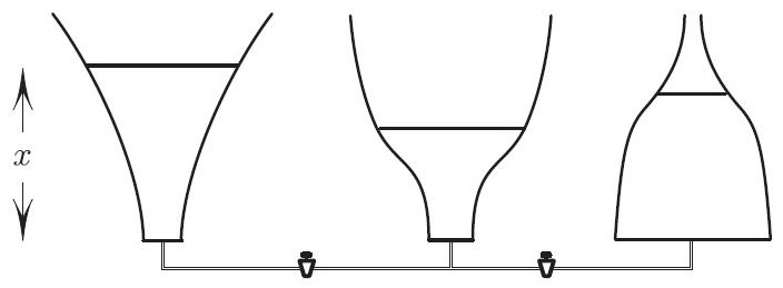 <strong>Figure 1.</strong> \(f_k(x)\) is the area of the horizontal cross-section at height \(x\) of the \(k\)th vessel. Figure courtesy of Mark Levi.