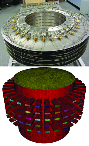 <strong>Figure 2.</strong> Measurement chamber (above) and corresponding mesh (below) for numerical simulation (diameter: 28.5 cm). Image courtesy of EMTensor.