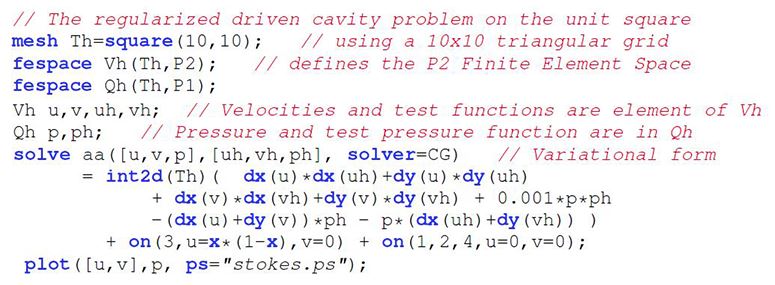 <strong>Figure 1.</strong> FreeFem++ code for the cavity-driven Stokes problem in 2D.