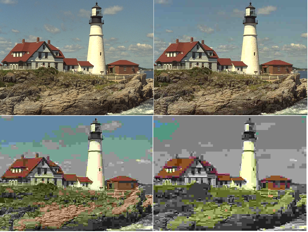 <strong>Figure 2.</strong>The HaarPSI of three images distorted by different levels of the JPEG compression algorithm. <strong>Top Left.</strong> Reference Image (240 KB). <strong>Top Right.</strong>JPEG Compression (17,2 KB). HaarPSI = 0,89. <strong>Bottom Left.</strong> JPEG Compression (5,85 KB). HaarPSI = 0,50. <strong>Bottom Right.</strong> JPEG Compression (3,97 KB). HaarPSI = 0,30.