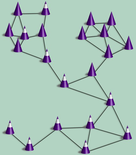 <strong>Figure 1.</strong> Illustration of a network of contacts for the spread of COVID-19 in a population where only a fraction of the individuals (cones) wear a mask and practice social distancing (cones with white stripes). Figure courtesy of Anna Sawulska and Maurizio Porfiri.