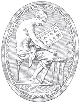 Figure 4.1 from <em>Numerical Notation.</em> The Etruscan “abacus-gem” (CII 2578 ter) showing a figure seated at a board working with Etruscan numerals. Source: Fabretti 1867: 224. Courtesy of Cambridge University Press.