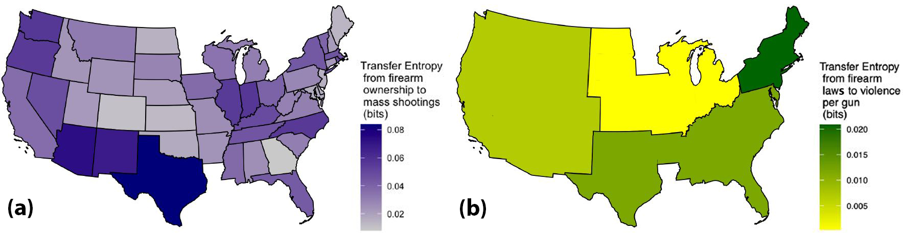 <strong>Figure 1.</strong> Results of transfer entropy analyses that utilize the output of a spatiotemporal econometric model. <strong>1a.</strong> Amount of transfer entropy from firearm ownership to mass shootings on a state level. <strong>1b.</strong> Amount of transfer entropy from firearm laws to “violence per gun” on a regional level. Figure courtesy of the authors.