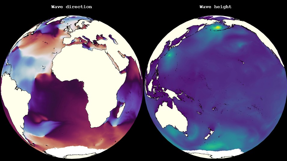 <strong>Figure 2.</strong> At 0.25° resolution, Aurora outperformed the High RESolution WAve Model's operational 10-day forecast for 86 percent of the targets and the three-day forecast for 91 percent of the targets. Figure courtesy of Paris Perdikaris.