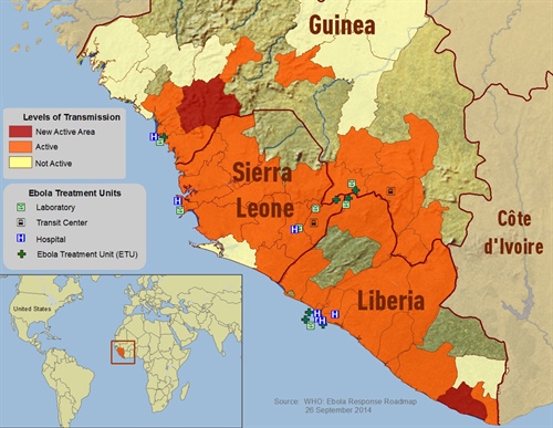 Depiction of the 2014 Ebola outbreak in the West African countries of Guinea, Liberia, and Sierra Leone. Image courtesy of Wikimedia.