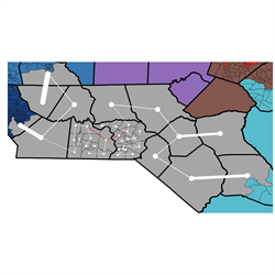 This shows a multiscale spanning tree used as a proposal in the Metropolis-Hastings MCMC scheme use to generate maps for a policy driven measure on the space of redistricting. The map is of the southern edge of North Carolina on the border with South Carolina.