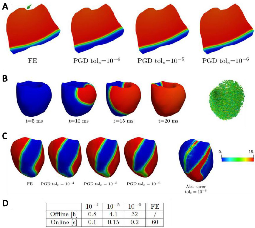 <strong>Figure 4.</strong> Benchmark solution of cardiac excitation in realistic ventricular geometries. <strong>4a.</strong> Example of finite element (FE) and proper generalized decomposition (PGD) solutions for different tolerances (color code refers to action potential value) in the same canine case of Figures 2 and 3. <strong>4b.</strong> Three-dimensional realistic cardiac structure of a left ventricle with organization of myocardial fibers. <strong>4c.</strong> Comparison of FE and PGD solutions for different tolerances (color code refers to action potential value) with indication of absolute error. <strong>4d.</strong> Comparison of times for the full FE versus PGD reduced models. One online computation takes tenths of a second with PGD versus several minutes for the full model. Figure adapted from [1].