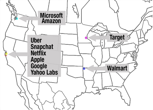 Estimated percentage of data scientists at company headquarters. Image credit: Samantha Schumacher.