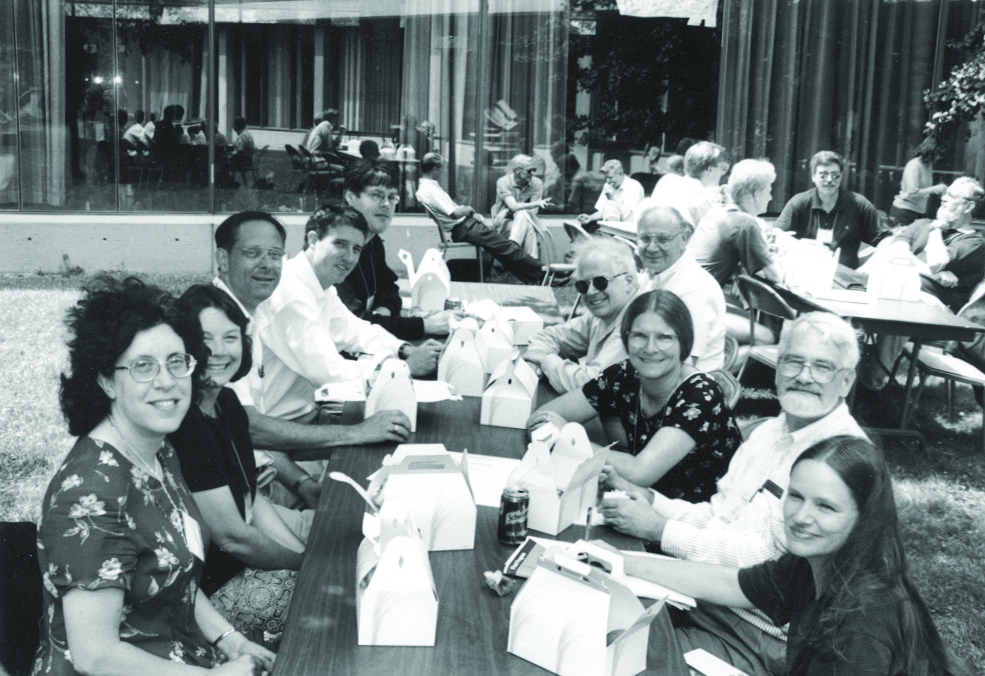 Conference attendees enjoying lunch during the 1997 SIAM Annual Meeting at Stanford University. SIAM photo.