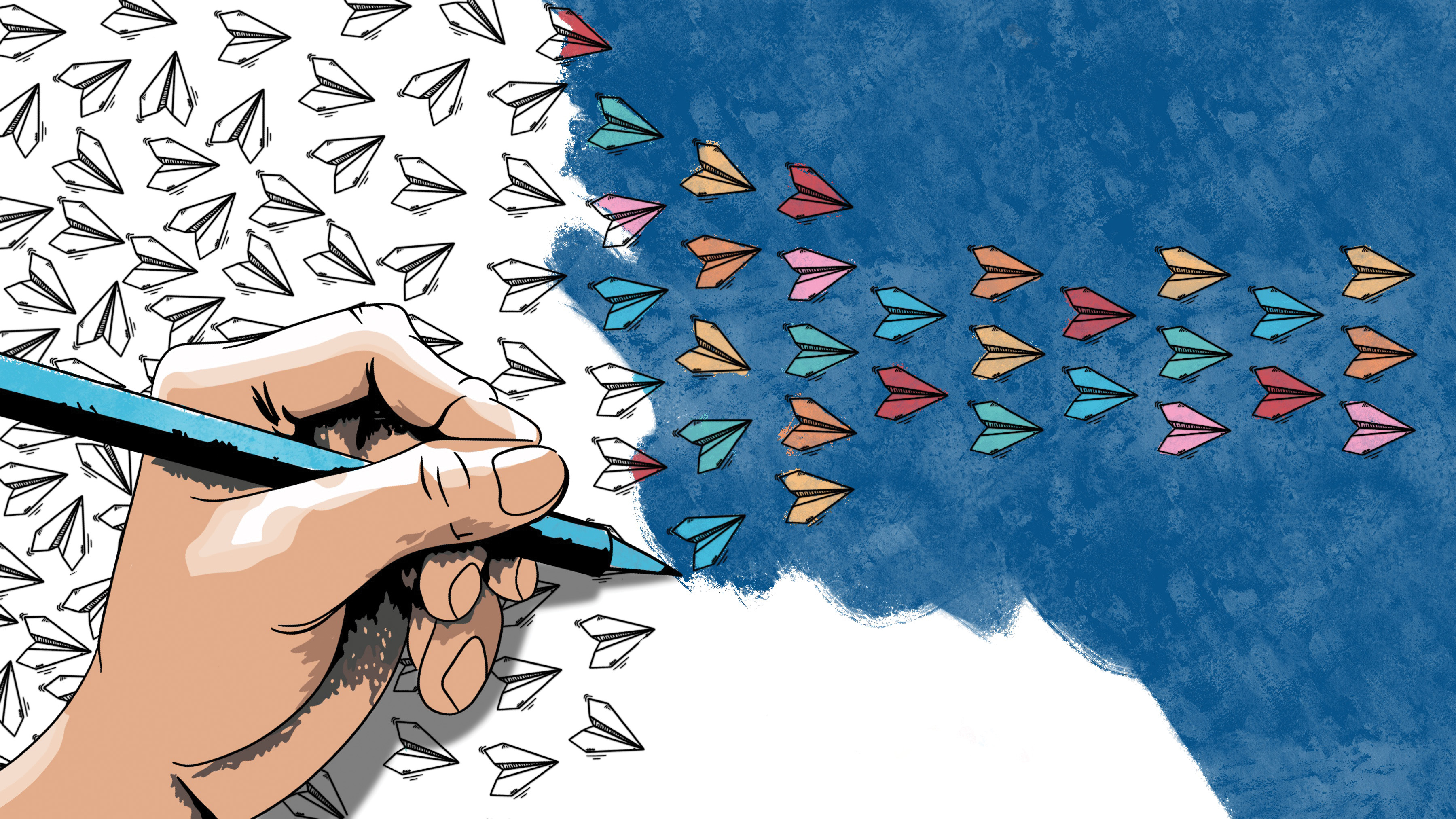 <strong>Figure 1.</strong> Artistic conception of heterogeneity as a design mechanism for flocking. Figure courtesy of Camila F. Montanari.