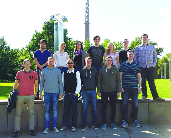 Universität Trier chapter students on their field trip to Bayer AG in Leverkusen, Germany. (First row, from left): Martin Siebenborn, Julian Wagner, Patrick Groetzner, Martin Rupp, Dennis Kreber, and Philip Rosenthal. (Second row, from left): Van Nguyen, Laura Somorowsky, Kathrin Welker, Heinz Zorn, Christina Schenk, Bernd Perscheid, and Ulf Friedrich.