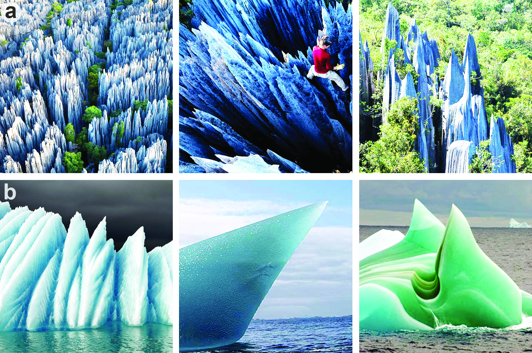 <strong>Figure 1.</strong> Rock and ice pinnacles in nature. <strong>1a.</strong> Limestone formations from around the world reveal sharp spikes that often form in arrays called stone forests. <strong>1b.</strong> Melting ice displays similar features. Photographs courtesy of Steven Alvarez, Grant Dixon, Phillip Colla, and Stephen Nicol.