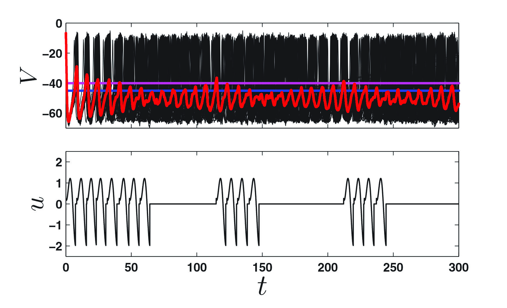 <strong>Figure 2.</strong> Desynchronization of a neural population. (Top) Black lines show voltage traces for 100 simulated coupled neurons, and red line shows average voltage. When the average voltage exceeds the threshold defined by the horizontal purple line, the optimal control stimulus is applied (bottom) until peaks in voltage no longer exceed the blue line. Adapted from [7].
