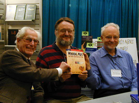 Martin Gardner’s influence on (from left) Richard Guy, John Conway, and Elwyn Berlekamp extended to an enthusiastic recommendation for their book <em>Winning Ways for Your Mathematical Plays</em> (“the greatest contribution of the 20th century to the burgeoning field of recreational mathematics”). Courtesy of Alice Peters.