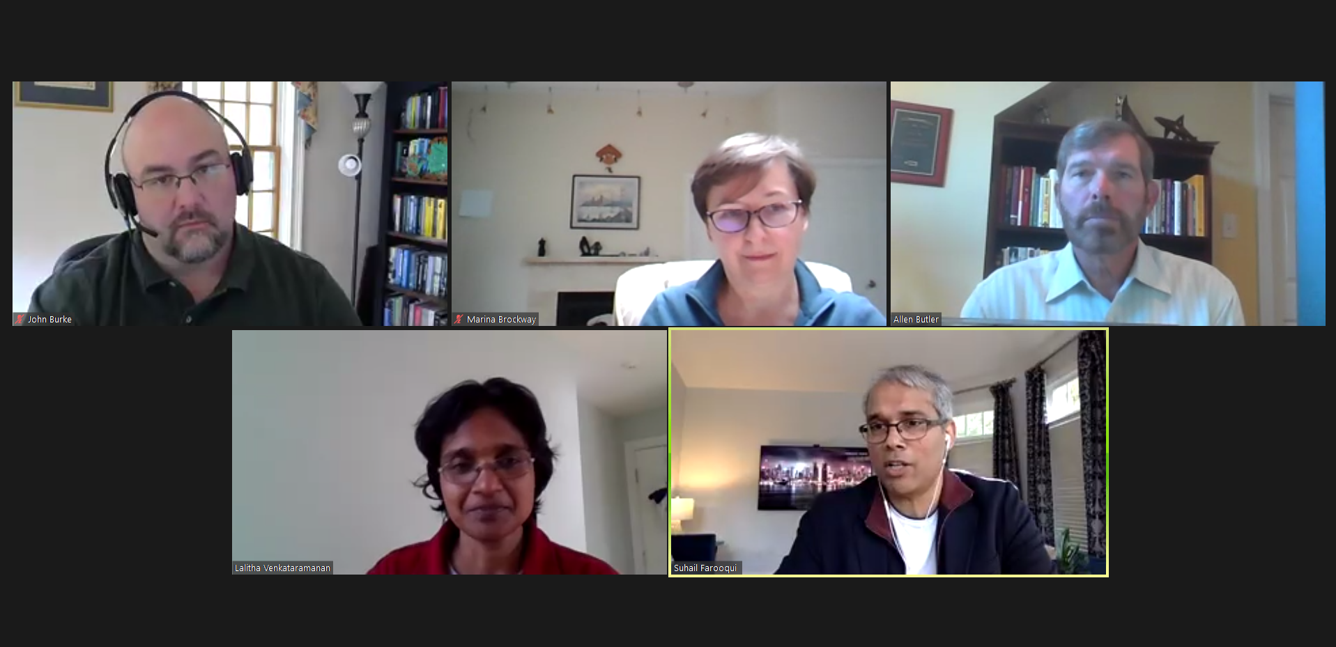 Clockwise from top left: John Burke (Applied BioMath), Marina Brockway (VivaQuant), Allen Butler (Daniel H. Wagner Associates, Inc.), Suhail Farooqui (K12 Insight), and Lalitha Venkataramanan (Schlumberger Doll Research) participate in a virtual panel discussion on applied mathematics in industry and entrepreneurship.