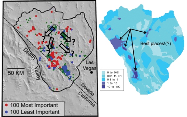 <strong>Figure 3.</strong> Importance of observations to predictions of transport within the Nevada National Security Site (NNSS). Left, the NNSS is outlined in gray and the model boundary in black, and the transport locations are represented schematically. The observation–prediction (OPR) statistic is used to measure observation importance [16]. The existing old 501 hydraulic head observations are ranked. Right, evaluation of one potential new head measurement anywhere in model layer 1. The most important observations in the southwestern part of the model occur largely because the rocks there are defined in the model as hydraulically similar to the rocks in the NNSS, but their occurrence here under steep head gradients facilitates estimation of the parameter value. Each of these results required 49 parallelizable model runs. (Modified from [7] and [15].)