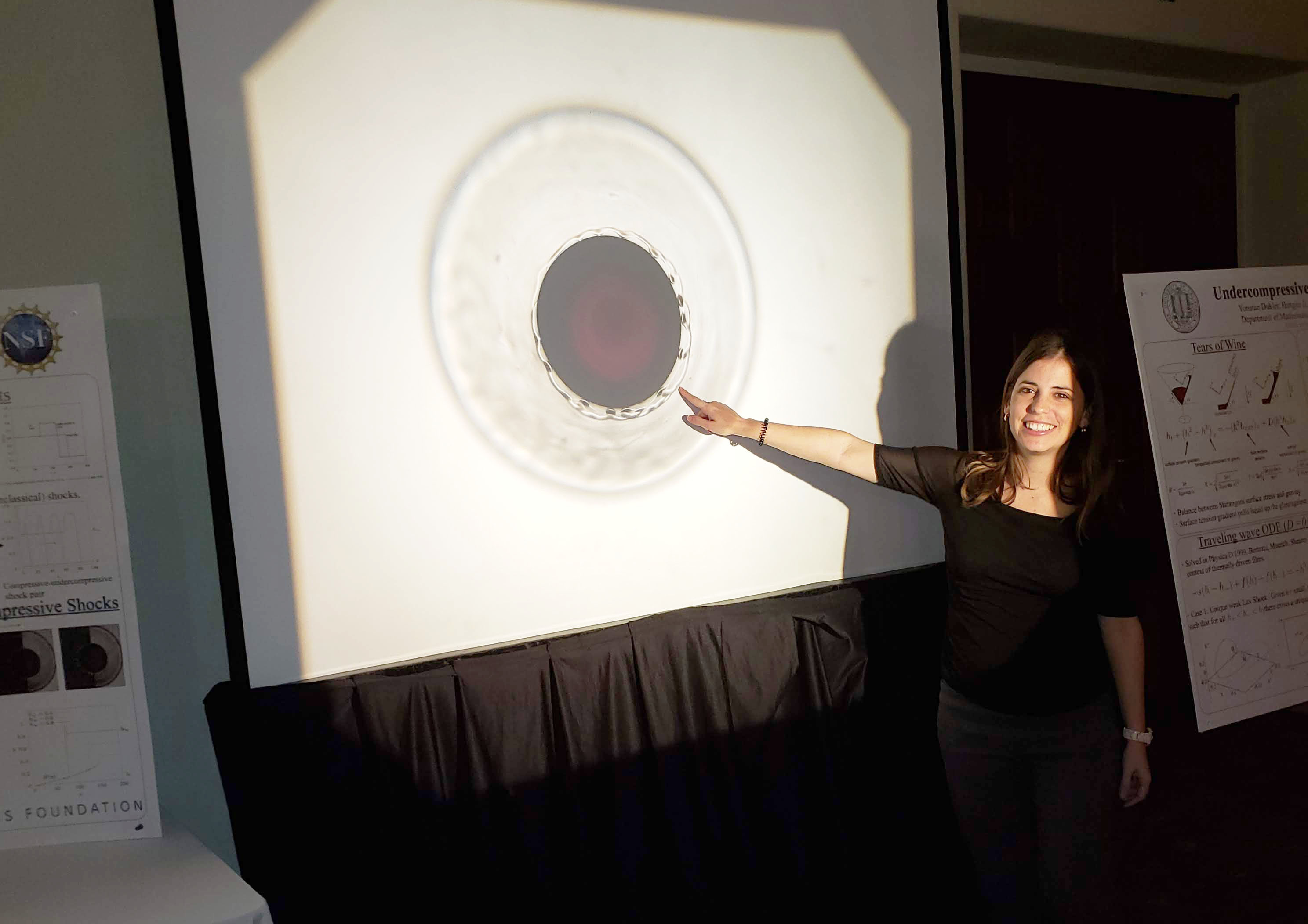 Claudia Falcon, a postdoctoral researcher at the University of California, Los Angeles, addresses the “tears of wine” problem at the 2019 SIAM Conference on Analysis of Partial Differential Equations, which took place this past December in La Quinta, Calif. Photo courtesy of Andrea Bertozzi.