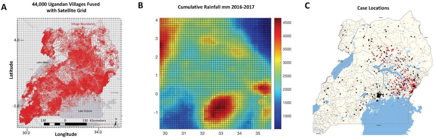 <strong>Figure 1.</strong> Environmental and microbial surveillance. <strong>1a.</strong> Ugandan village boundaries fused with the satellite rainfall grid. <strong>1b.</strong> Cumulative rainfall during case collection. <strong>1c.</strong> Locations of infected (red) and non-infected (black) postinfectious hydrocephalus cases. Figure 1a and 1b reproduced from [9], 1c adapted and based on the UN Office for the Coordination of Humanitarian Affairs/RelifeWeb and used with permission.