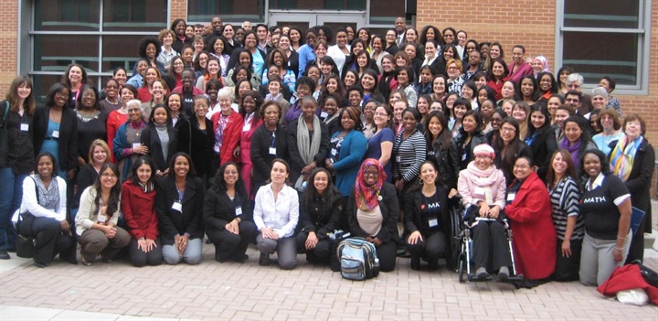 For Tanya Moore (front row, fifth from right), a PhD in biostatistics (from UC Berkeley) links her interest in math with her growing interest in improving health outcomes in society. Giving back to the community in another way, she has been an organizer of the national Infinite Possibilities Conference for minority women mathematicians; shown here are participants in the IPC held at the University of Maryland, Baltimore County, in March 2012.