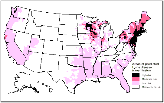 National Lyme disease risk map with four categories of risk. This map demonstrates an approximate distribution of predicted Lyme disease risk in the United States. Image credit: Wikimedia Commons.