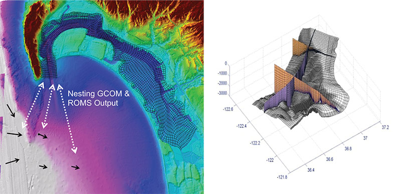 <strong>Figure 2.</strong> San Diego Bay (left) and Monterey Bay (right) 3D curvilinear Mesh [2, 8].