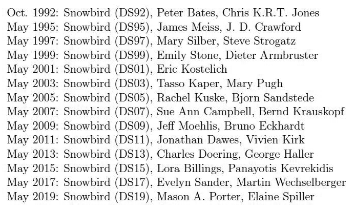 <strong>Table 1.</strong> List of every SIAM Conference on Applications of Dynamical Systems that took place at Snowbird, and the chairs/co-chairs for each conference.