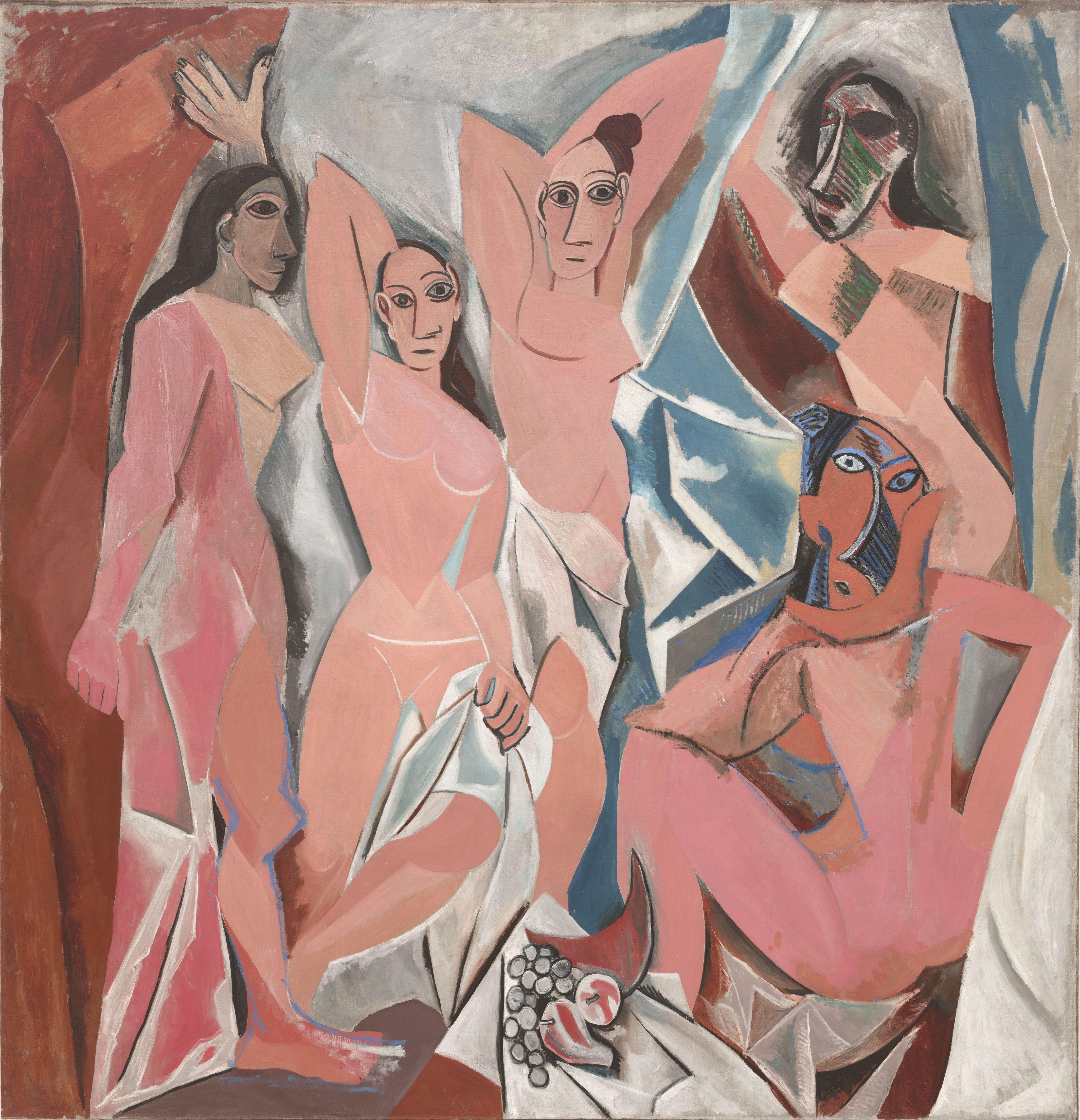 <strong>Figure 1.</strong> <em>Les Demoiselles d’Avignon</em>, a painting by Pablo Picasso, embodies some of the bold traits of Cubism. Public domain image.