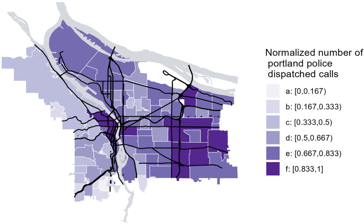 <strong>Figure 1.</strong> Map of normalized number of calls across neighborhoods in Portland, Ore., in 2020.