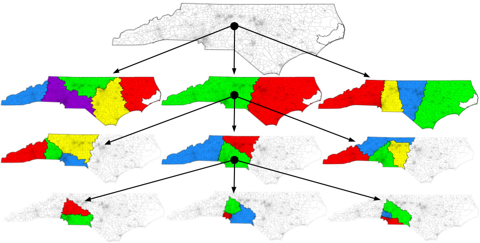 <strong>Figure 2.</strong> An example branch of a sample tree of North Carolina with a fan-out width of three. Figure courtesy of Wes Gurnee.