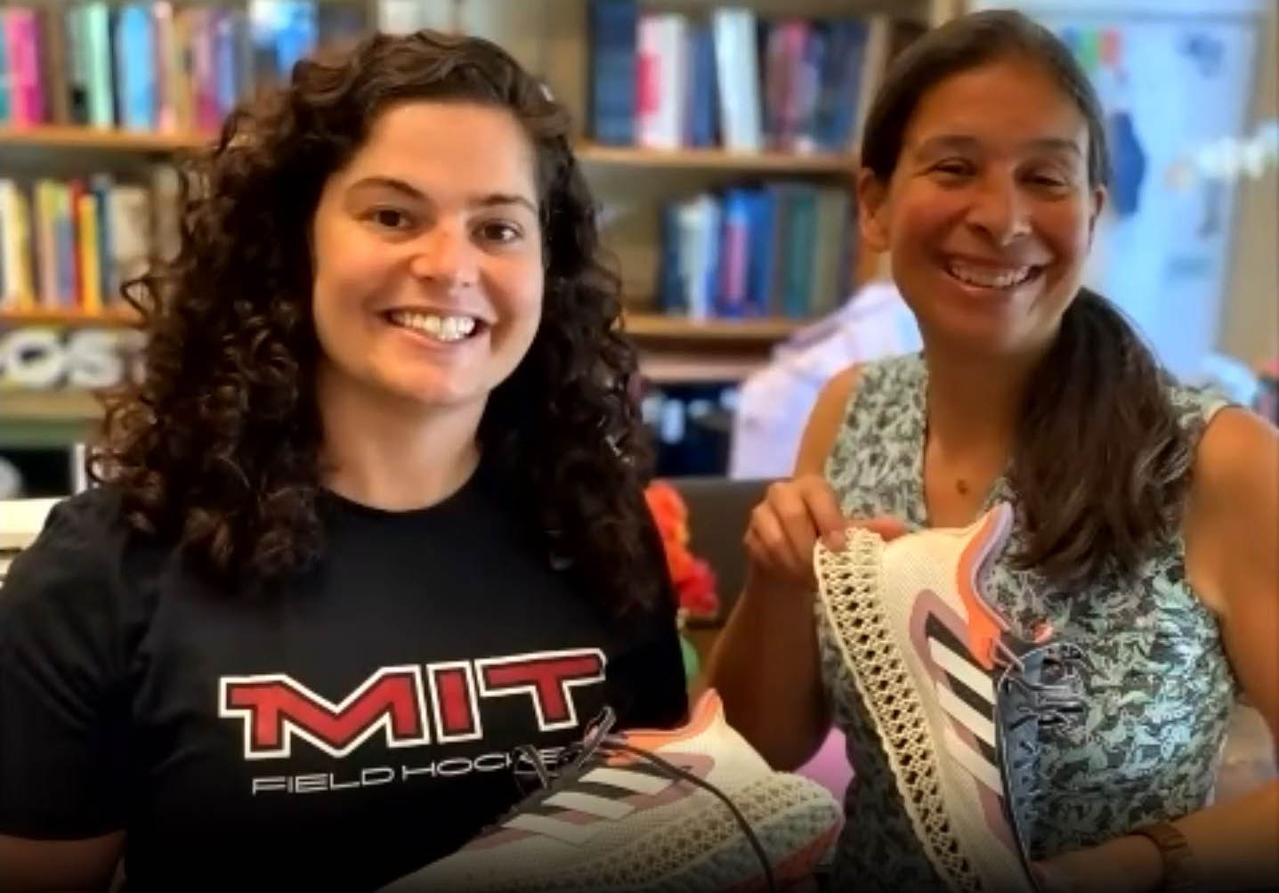 <strong>Figure 4.</strong> Sarah Fay (left) and her advisor Anette "Peko" Hosoi hold a pair of Adidas shoes with 3D-printed midsoles and properties that reflect their research. The shoes officially launched in August 2022. Photo courtesy of Sarah Fay.