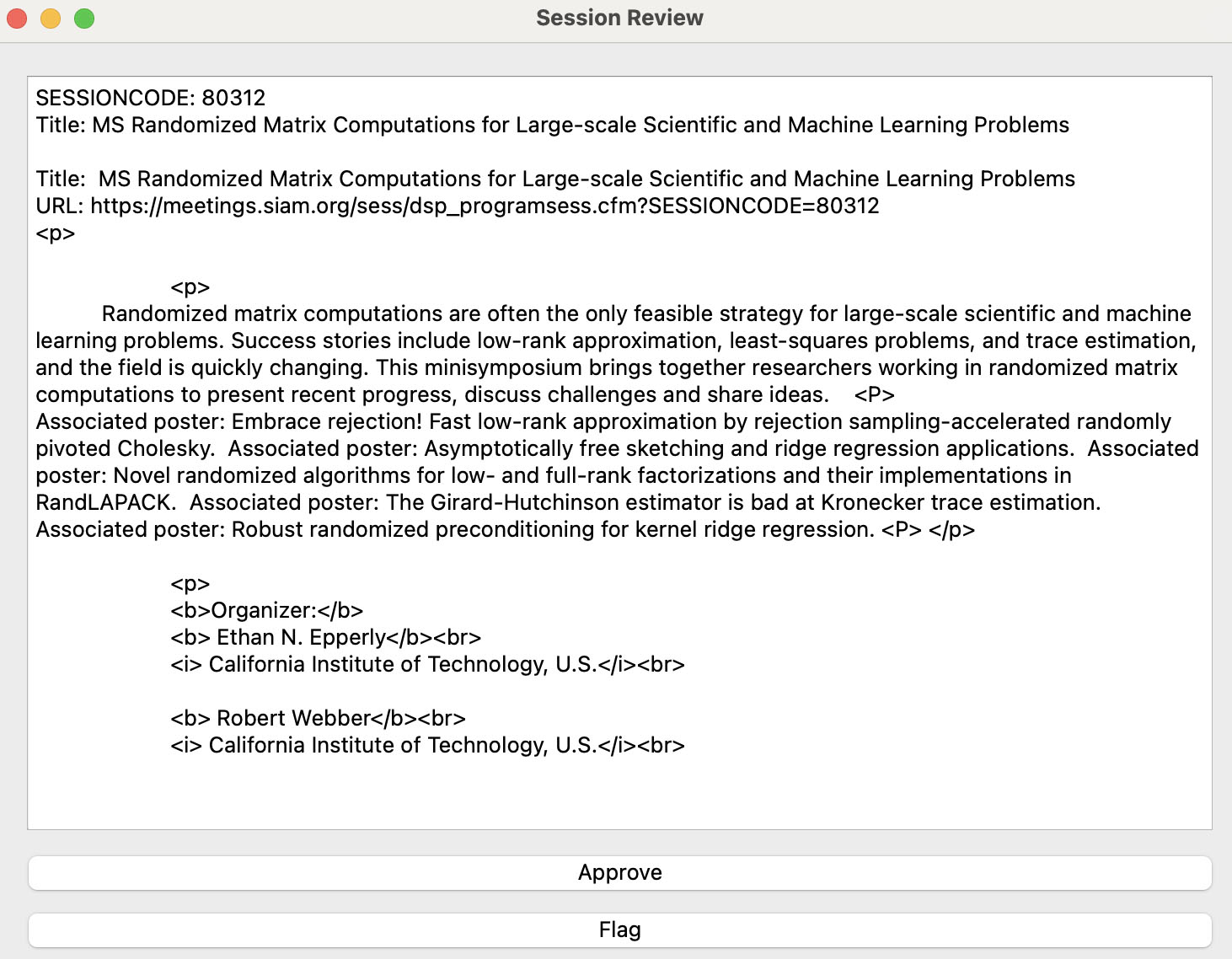 <strong>Figure 1.</strong> A screenshot of the QT5 application that we created with ChatGPT to quickly flag minisymposia that did not list four associated posters. Figure courtesy of the authors.