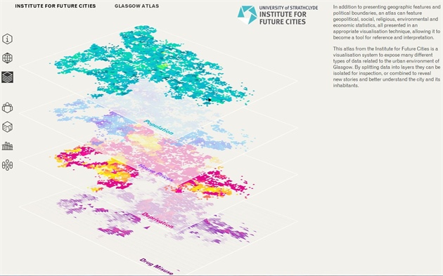 Multi-layered visualization of features across the city of Glasgow. Credit: c.LUSTlab/Institute for Future Cities, University of Strathclyde. Reproduced with permission.