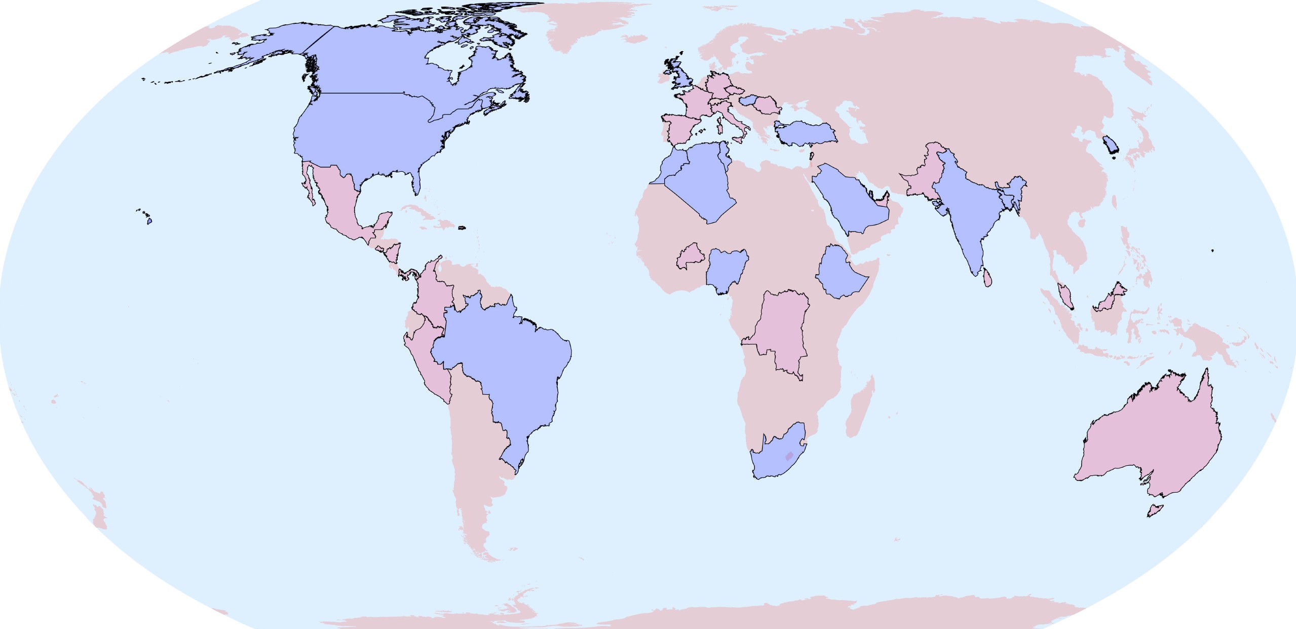 <strong>Figure 1.</strong> Countries represented at the International Mathematics and Statistics Student Research Symposium (IMSSRS) 2025. Countries highlighted in pink represent those with IMSSRS participants, while countries with IMSSRS presenters are highlighted in blue. Figure courtesy of Feryal Alayont. 