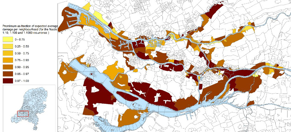 <strong>Figure 1.</strong> Geographical distribution of robust premiums as percentage of the 100-year flood damages. Figure courtesy of [6].