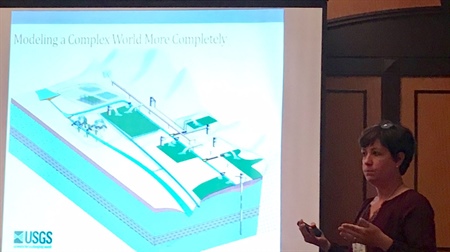 At a minisymposium during the SIAM Conference on Computational Science and Engineering, Lea Jenkins describes a virtual farming tool to improve water resource and land allocation decision making. Photo credit: Karthika Swamy Cohen.