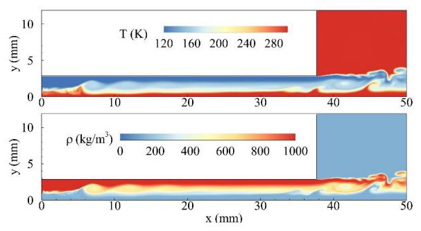 <strong>Figure 2.</strong> Instantaneous snapshots of the simulated temperature and density flows of an injector design. Figure courtesy of [10].