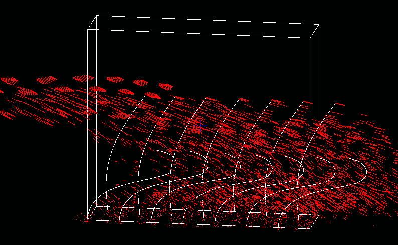 <strong>Figure 4.</strong> Snapshot of two rows of modeled cilia in a periodic box of fluid. Red particles are fluid markers leaving trails to show recent trajectories. Despite in-phase initial conditions, the two rows temporarily go into anti-phase and later recover synchrony before computations end. Long-term behavior is unknown. The more vertical cilia are moving left (power stroke) and the others are moving right (recovery stroke). Credit: Jihun Han.