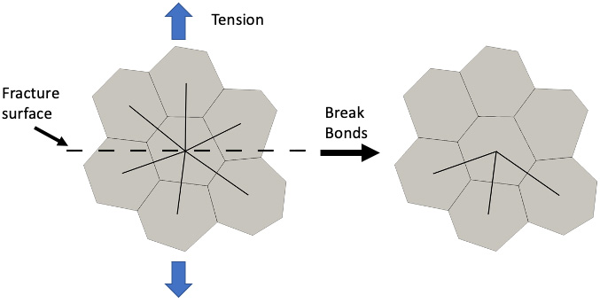 <strong>Figure 1.</strong> Diagram of nonlocal failure model for a single particle and its nearest neighbor particles. We evaluate the Cauchy stress tensor (1) for each particle and use the direction of the largest tensile principal stress to define a fracture surface. We then break all bonds on one side of this surface to ensure that the ice fails in tension. Figure courtesy of Brendan West.