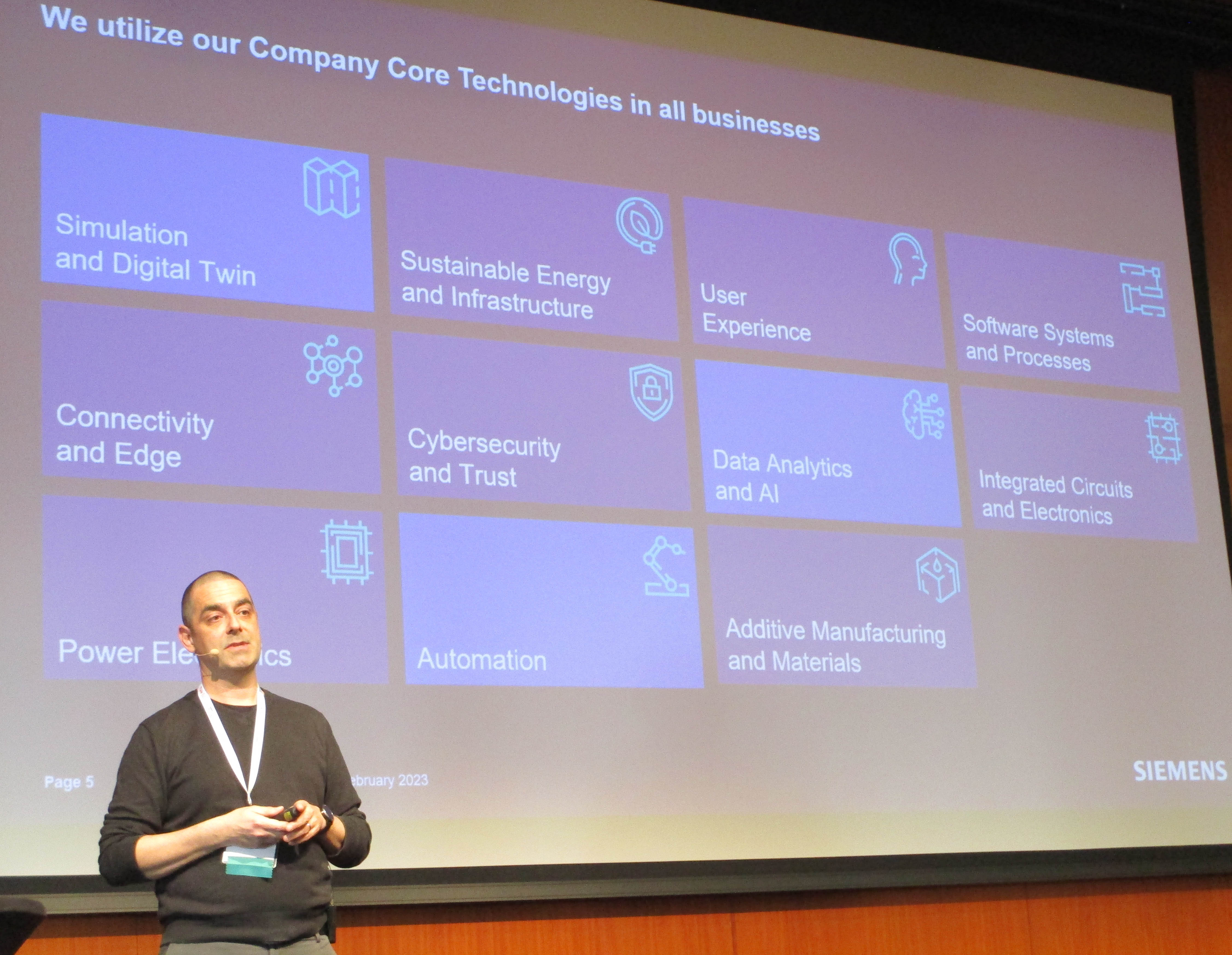Dirk Hartmann of Siemens AG discusses three of Siemen’s core technologies that rely heavily upon the novel use of applied mathematics: Simulation and Digital Twin, Data Analytics and Artificial Intelligence, and Automation. SIAM photo.